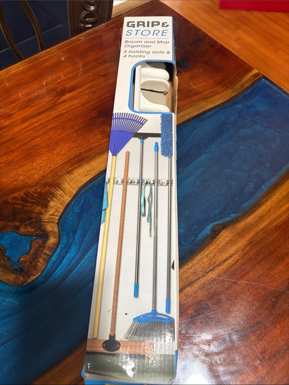 White and Blue Broom & Mop Organizer